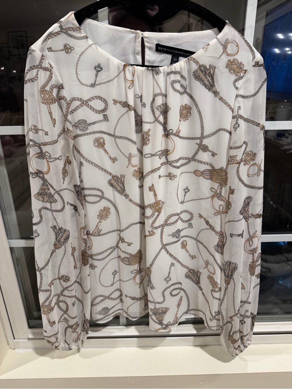 White House Black Market Cream Blouse with Gold & Gray Key Print